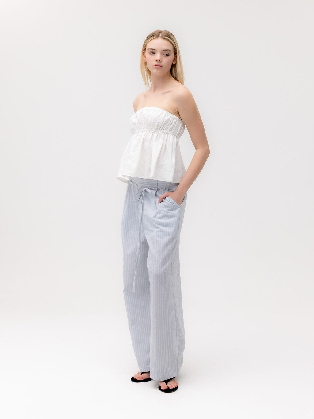 G BELTED LINEN WIDE PANTS