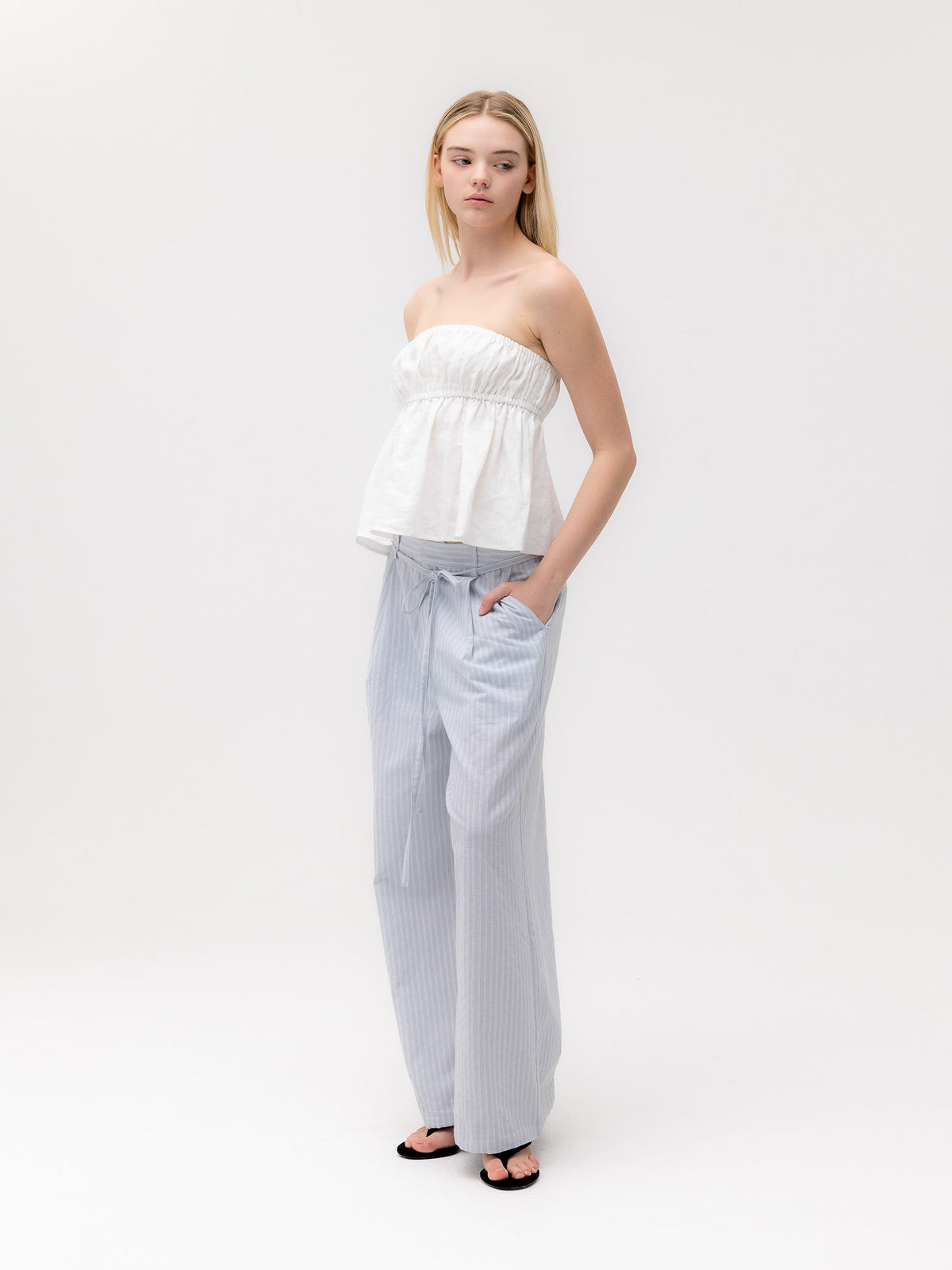 G BELTED LINEN WIDE PANTS
