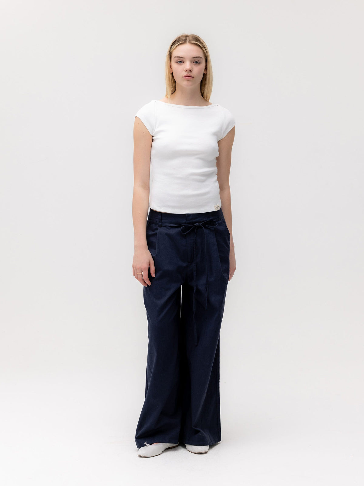 G BELTED LINEN WIDE PANTS